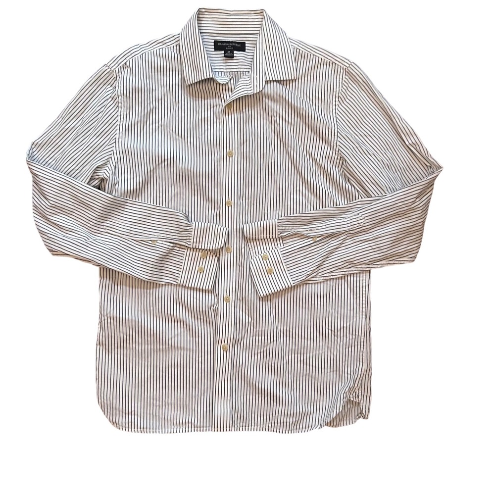 Banana Republic Button Down Shirt Mens White Navy Pinstripe Slim Fit Medium